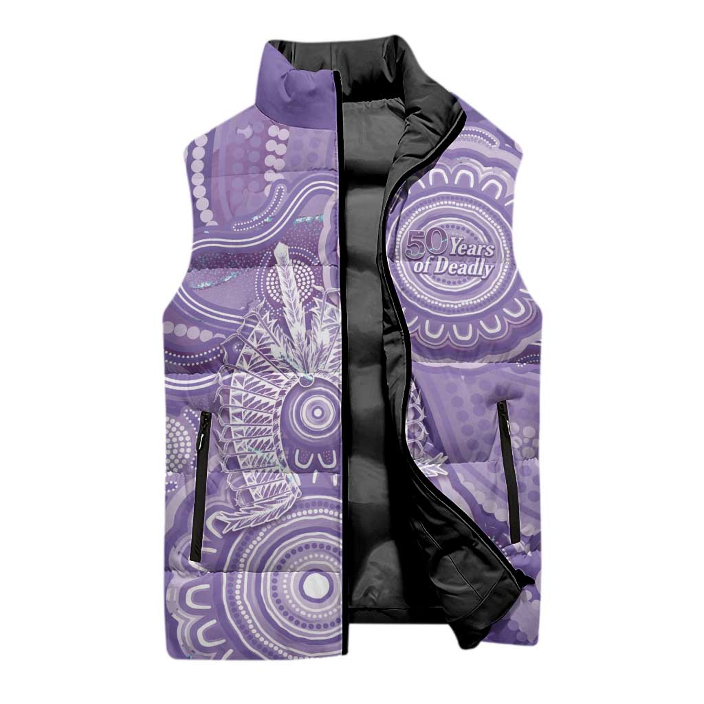 50 Years Deadly NAIDOC Week 2026 Personalised Sleeveless Puffer Jacket Dhari Purple Indigenous Art
