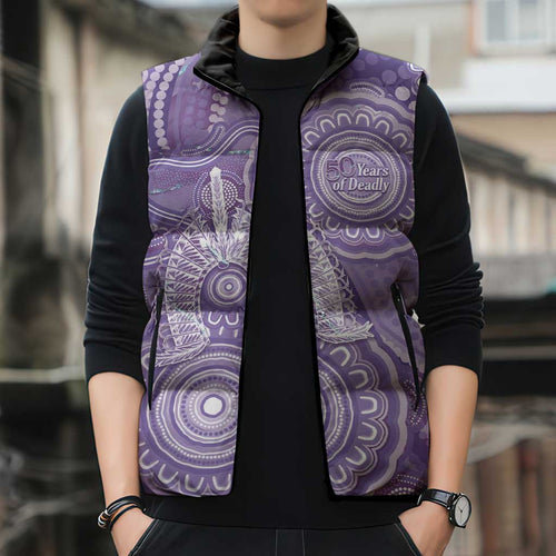 50 Years Deadly NAIDOC Week 2026 Personalised Sleeveless Puffer Jacket Dhari Purple Indigenous Art