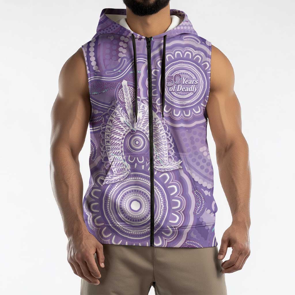 50 Years Deadly NAIDOC Week 2026 Personalised Sleeveless Zip Hoodie Dhari Purple Indigenous Art