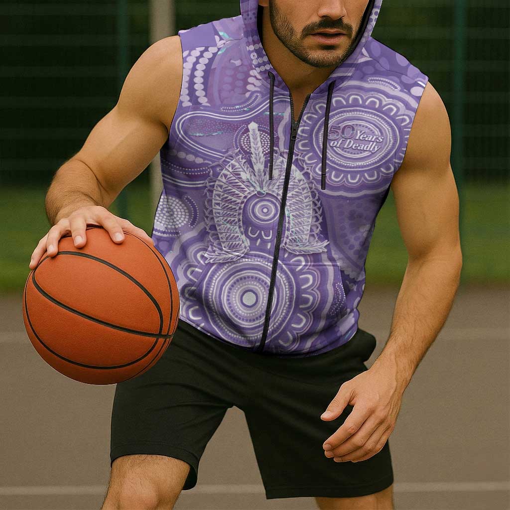 50 Years Deadly NAIDOC Week 2026 Personalised Sleeveless Zip Hoodie Dhari Purple Indigenous Art
