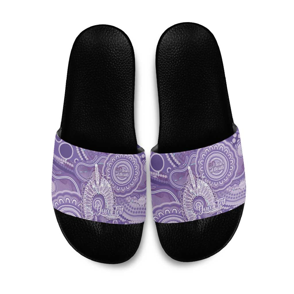 50 Years Deadly NAIDOC Week 2026 Personalised Slide Sandals Dhari Purple Indigenous Art