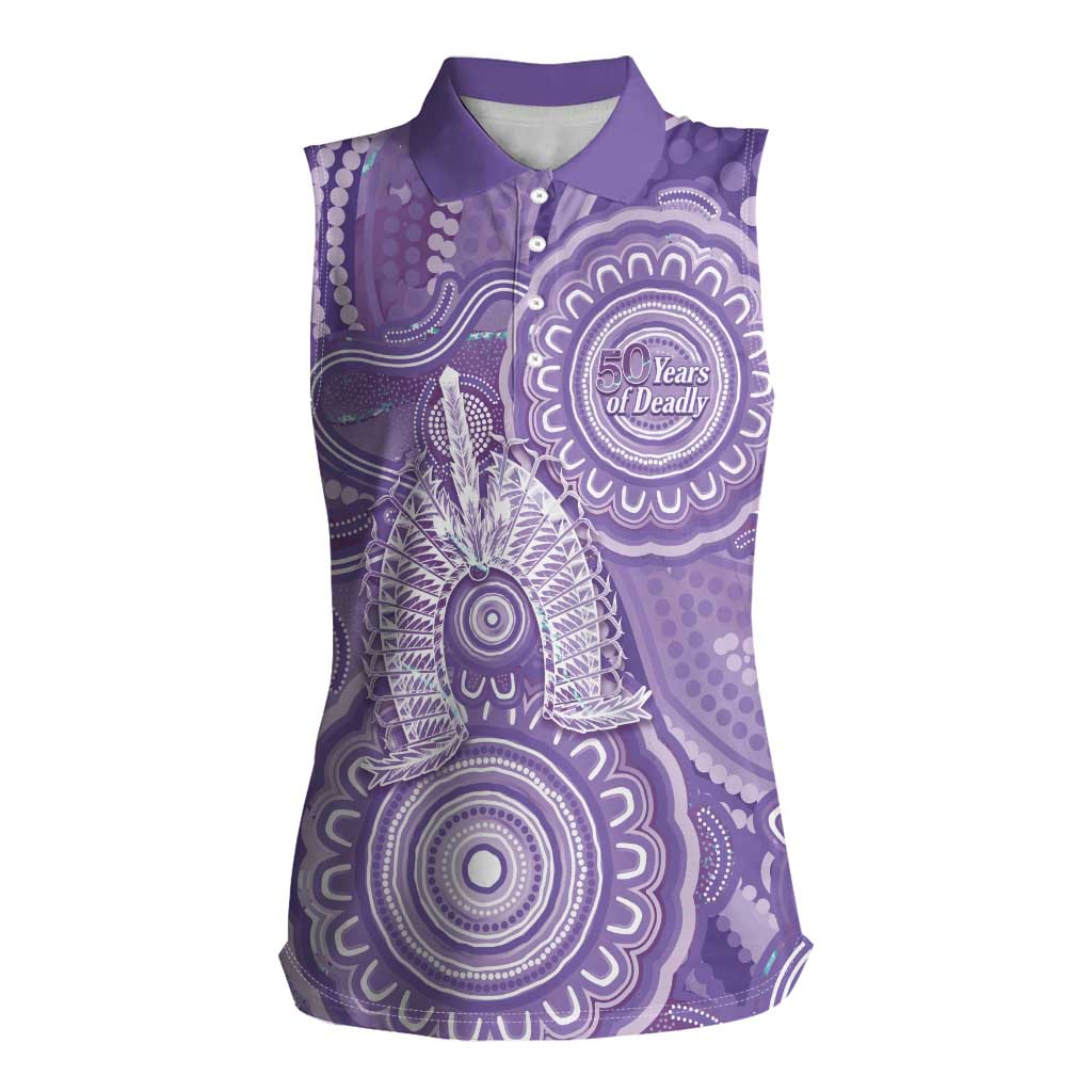 50 Years Deadly NAIDOC Week 2026 Personalised Women Sleeveless Polo Shirt Dhari Purple Indigenous Art