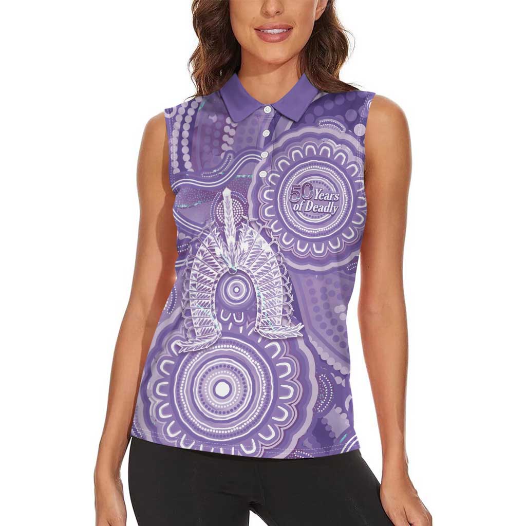 50 Years Deadly NAIDOC Week 2026 Personalised Women Sleeveless Polo Shirt Dhari Purple Indigenous Art