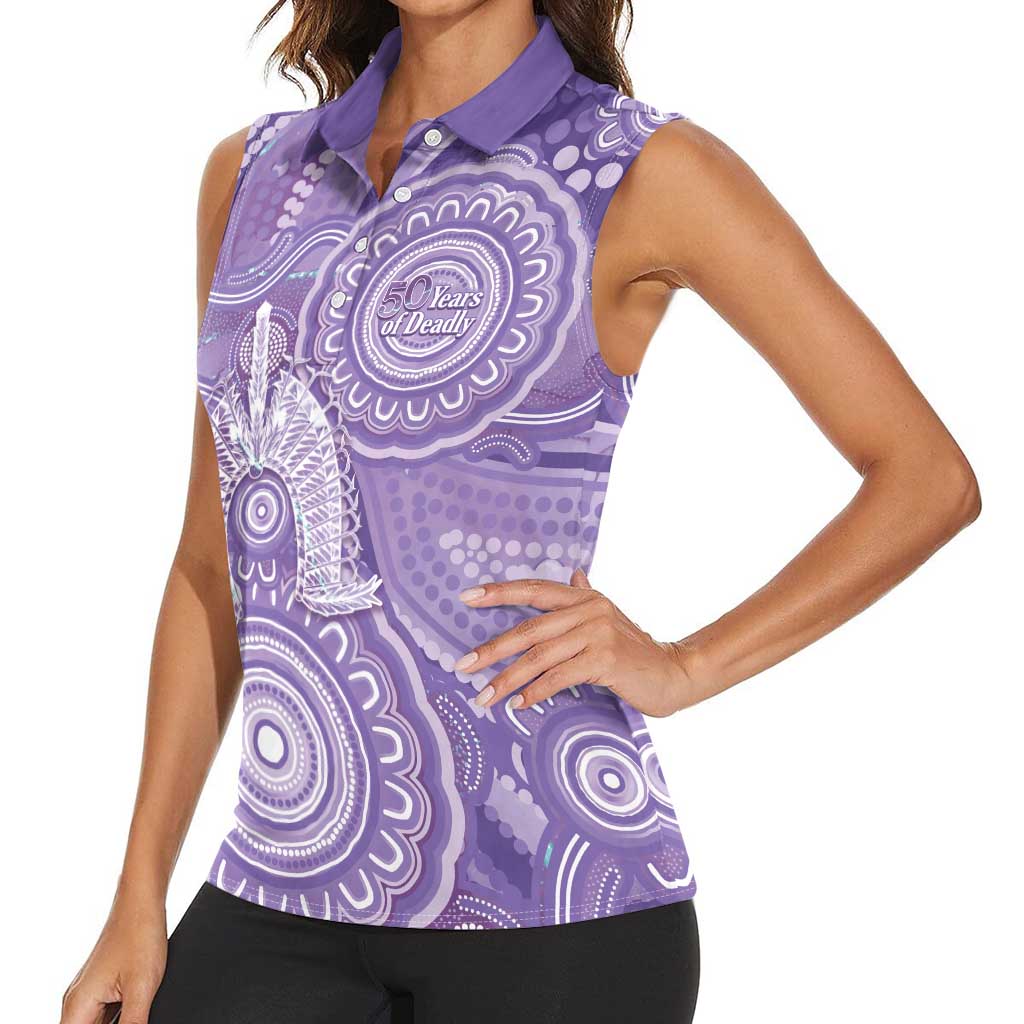 50 Years Deadly NAIDOC Week 2026 Personalised Women Sleeveless Polo Shirt Dhari Purple Indigenous Art