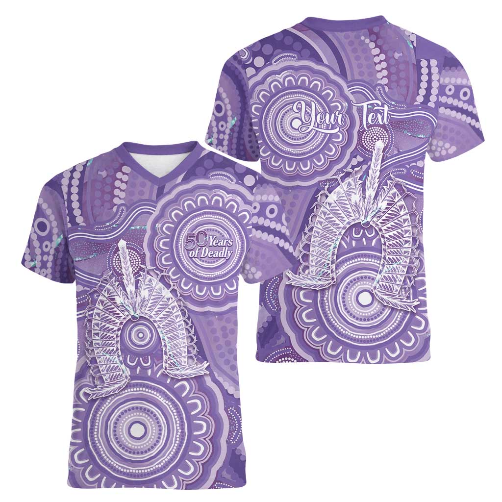 50 Years Deadly NAIDOC Week 2026 Personalised Women V-Neck T-Shirt Dhari Purple Indigenous Art