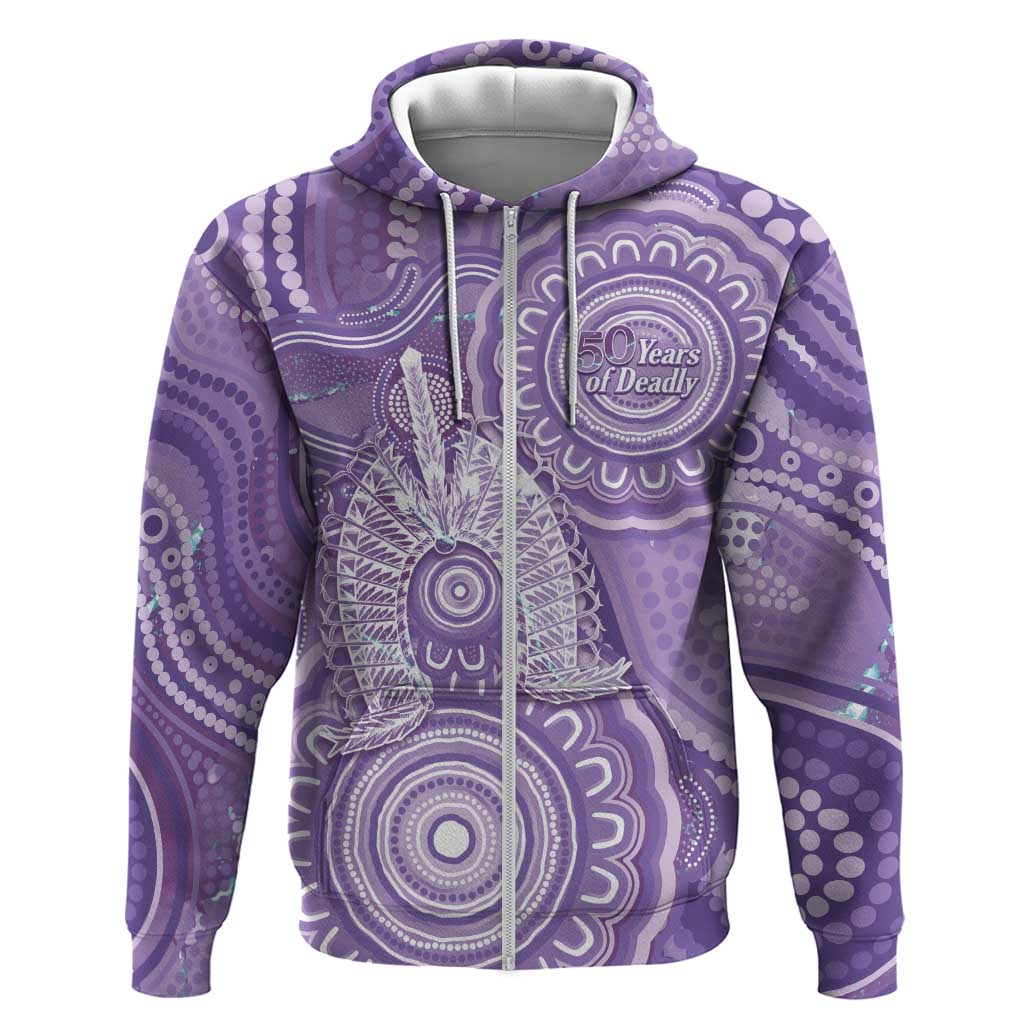 50 Years Deadly NAIDOC Week 2026 Personalised Zip Hoodie Dhari Purple Indigenous Art