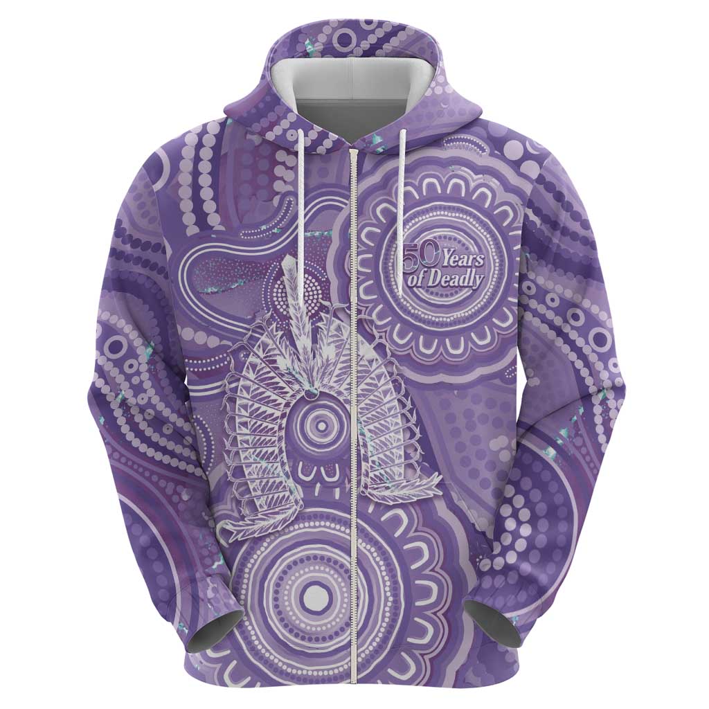 50 Years Deadly NAIDOC Week 2026 Personalised Zip Hoodie Dhari Purple Indigenous Art