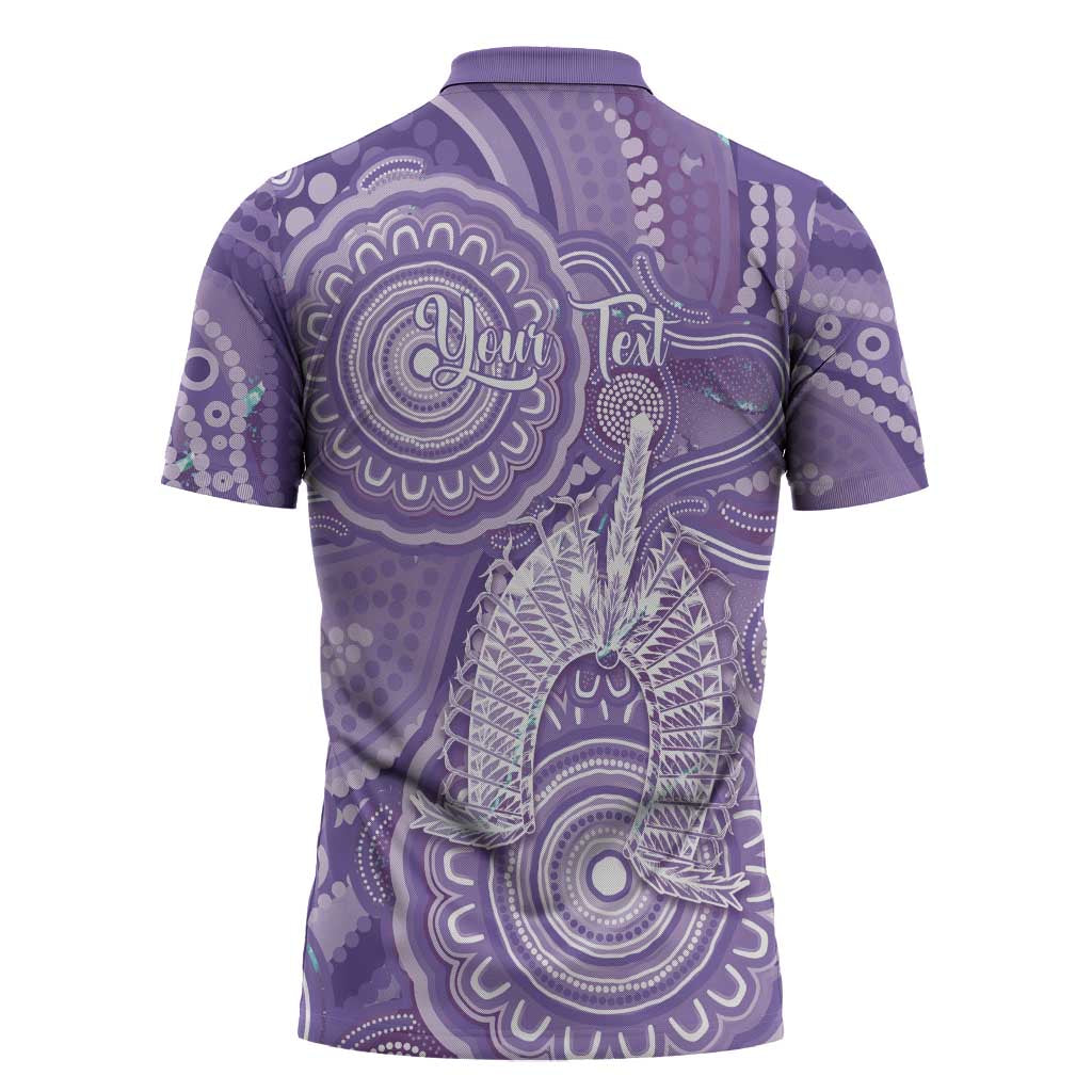 50 Years Deadly NAIDOC Week 2026 Personalised Zipper Polo Shirt Dhari Purple Indigenous Art
