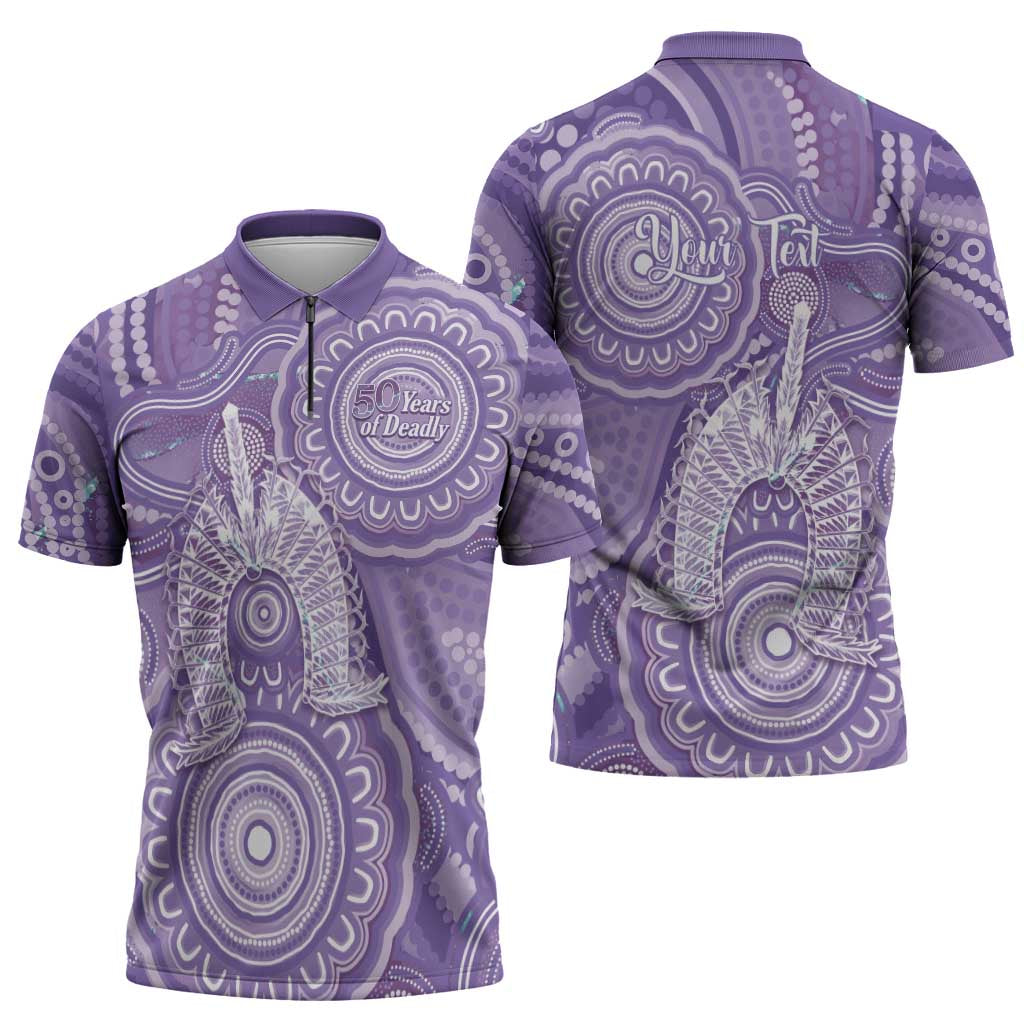 50 Years Deadly NAIDOC Week 2026 Personalised Zipper Polo Shirt Dhari Purple Indigenous Art