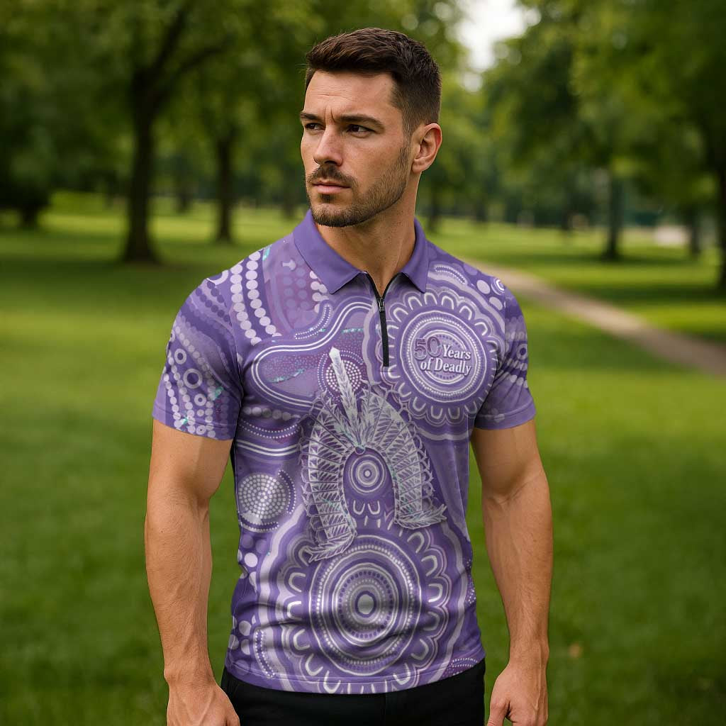 50 Years Deadly NAIDOC Week 2026 Personalised Zipper Polo Shirt Dhari Purple Indigenous Art