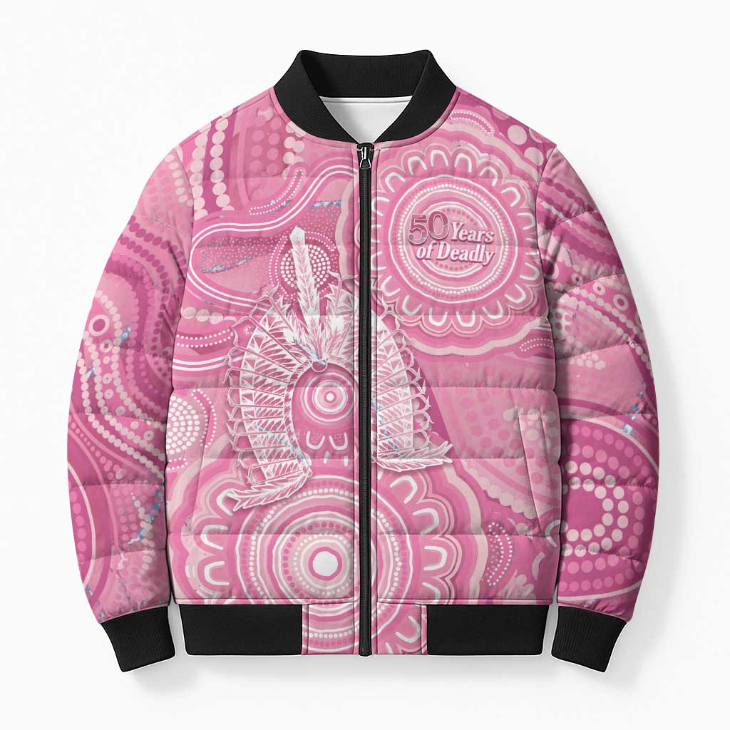 50 Years Deadly NAIDOC Week 2026 Personalised Bomber Puffer Jacket Dhari Pink Indigenous Art