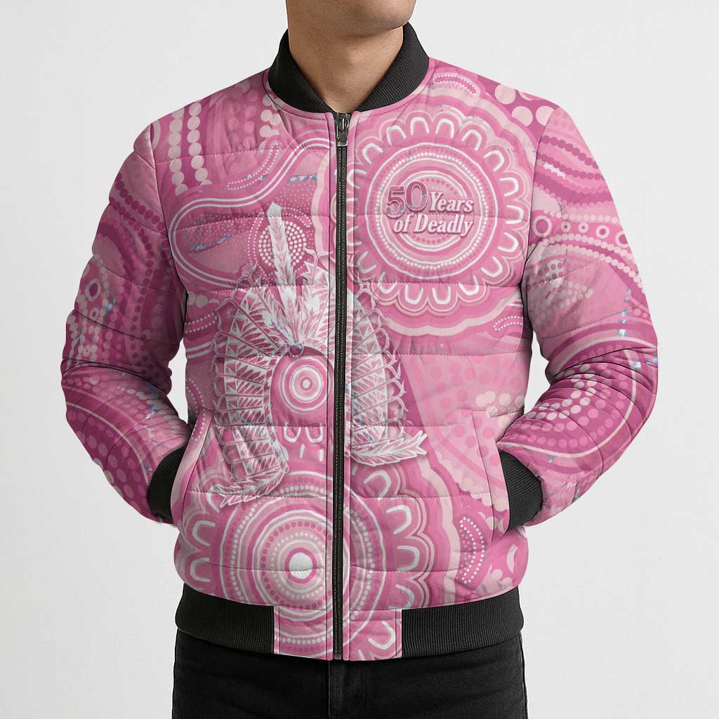 50 Years Deadly NAIDOC Week 2026 Personalised Bomber Puffer Jacket Dhari Pink Indigenous Art