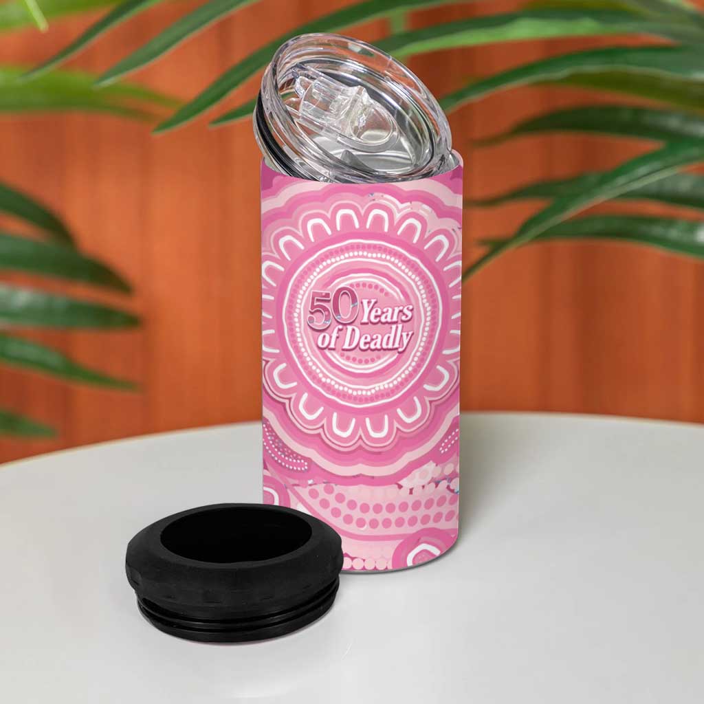 50 Years Deadly NAIDOC Week 2026 Personalised 4 in 1 Can Cooler Tumbler Dhari Pink Indigenous Art