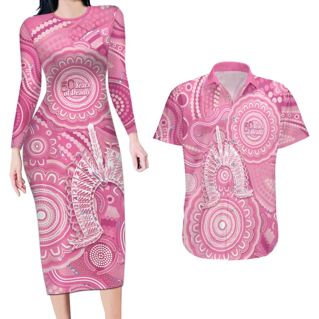 50 Years Deadly NAIDOC Week 2026 Personalised Couples Matching Long Sleeve Bodycon Dress and Hawaiian Shirt Dhari Pink Indigenous Art