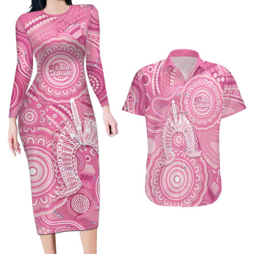 50 Years Deadly NAIDOC Week 2026 Personalised Couples Matching Long Sleeve Bodycon Dress and Hawaiian Shirt Dhari Pink Indigenous Art