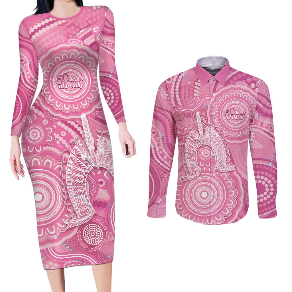 50 Years Deadly NAIDOC Week 2026 Personalised Couples Matching Long Sleeve Bodycon Dress and Long Sleeve Button Shirt Dhari Pink Indigenous Art