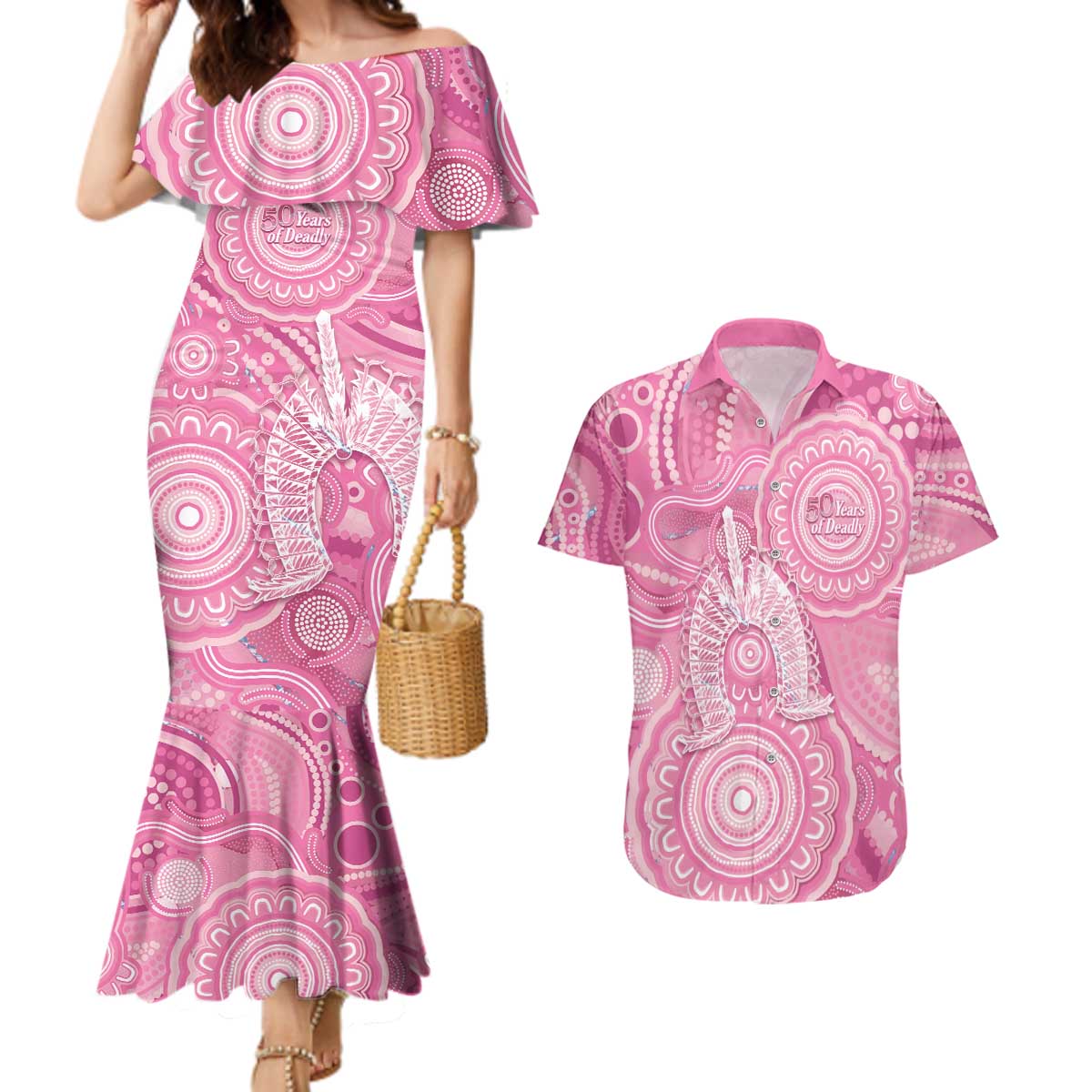 50 Years Deadly NAIDOC Week 2026 Personalised Couples Matching Mermaid Dress and Hawaiian Shirt Dhari Pink Indigenous Art