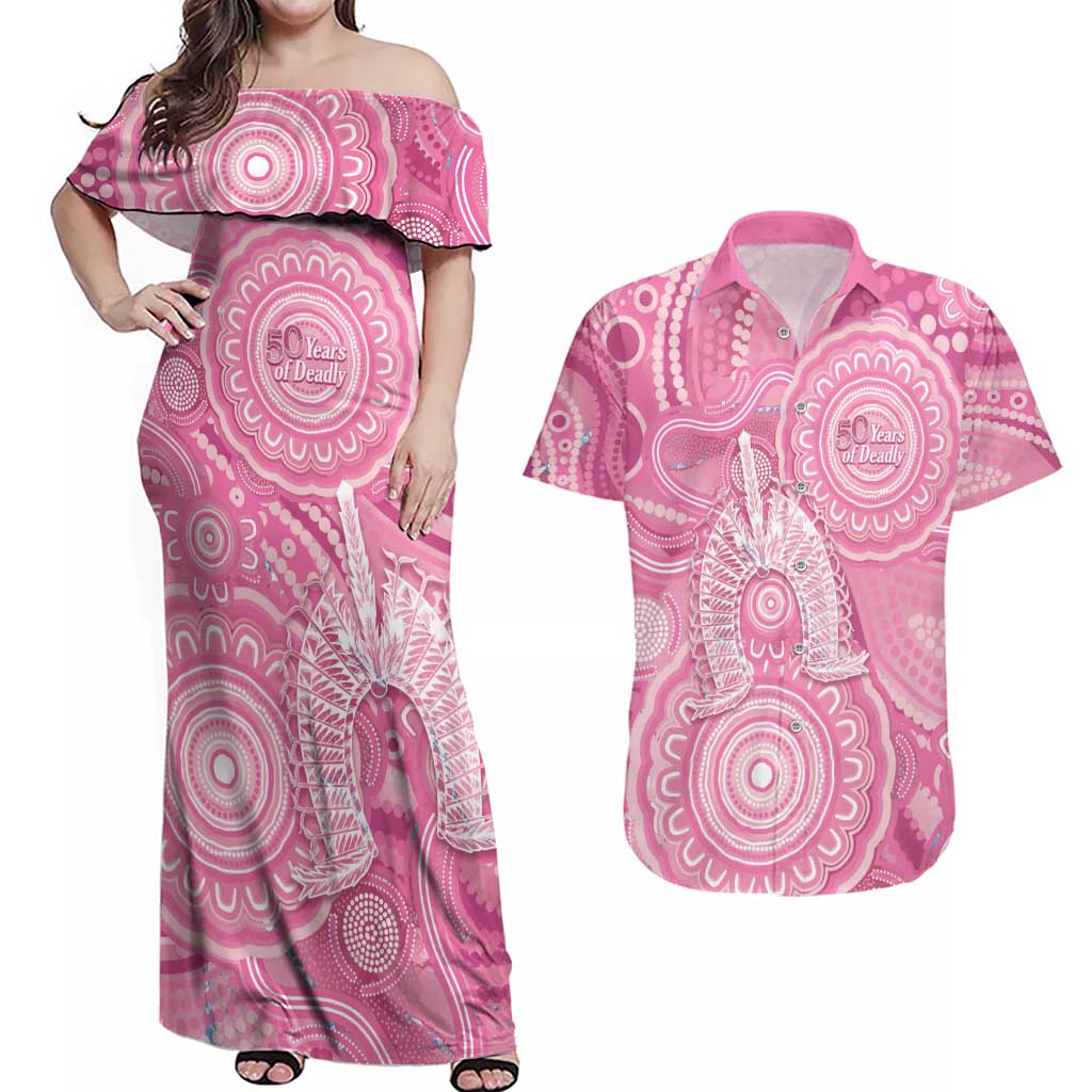 50 Years Deadly NAIDOC Week 2026 Personalised Couples Matching Off Shoulder Maxi Dress and Hawaiian Shirt Dhari Pink Indigenous Art