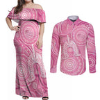 50 Years Deadly NAIDOC Week 2026 Personalised Couples Matching Off Shoulder Maxi Dress and Long Sleeve Button Shirt Dhari Pink Indigenous Art
