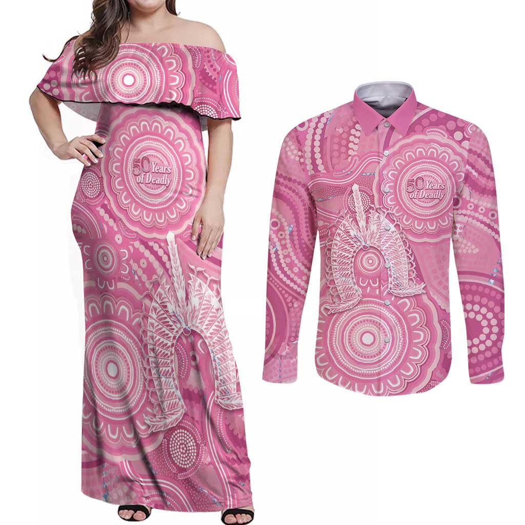 50 Years Deadly NAIDOC Week 2026 Personalised Couples Matching Off Shoulder Maxi Dress and Long Sleeve Button Shirt Dhari Pink Indigenous Art