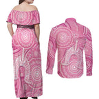 50 Years Deadly NAIDOC Week 2026 Personalised Couples Matching Off Shoulder Maxi Dress and Long Sleeve Button Shirt Dhari Pink Indigenous Art