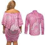 50 Years Deadly NAIDOC Week 2026 Personalised Couples Matching Off Shoulder Short Dress and Long Sleeve Button Shirt Dhari Pink Indigenous Art