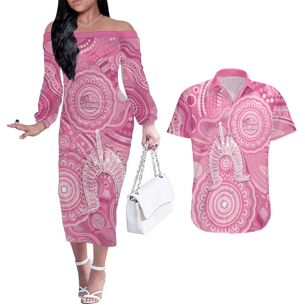 50 Years Deadly NAIDOC Week 2026 Personalised Couples Matching Off The Shoulder Long Sleeve Dress and Hawaiian Shirt Dhari Pink Indigenous Art