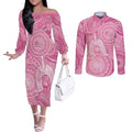 50 Years Deadly NAIDOC Week 2026 Personalised Couples Matching Off The Shoulder Long Sleeve Dress and Long Sleeve Button Shirt Dhari Pink Indigenous Art