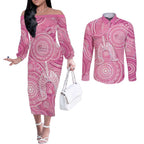 50 Years Deadly NAIDOC Week 2026 Personalised Couples Matching Off The Shoulder Long Sleeve Dress and Long Sleeve Button Shirt Dhari Pink Indigenous Art