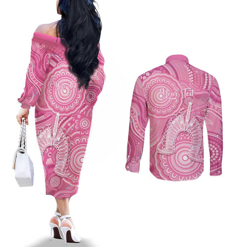 50 Years Deadly NAIDOC Week 2026 Personalised Couples Matching Off The Shoulder Long Sleeve Dress and Long Sleeve Button Shirt Dhari Pink Indigenous Art