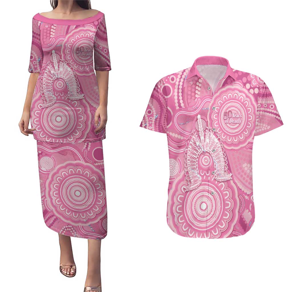 50 Years Deadly NAIDOC Week 2026 Personalised Couples Matching Puletasi and Hawaiian Shirt Dhari Pink Indigenous Art