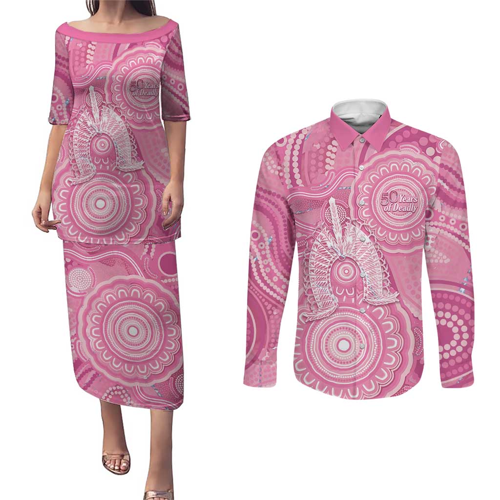 50 Years Deadly NAIDOC Week 2026 Personalised Couples Matching Puletasi and Long Sleeve Button Shirt Dhari Pink Indigenous Art