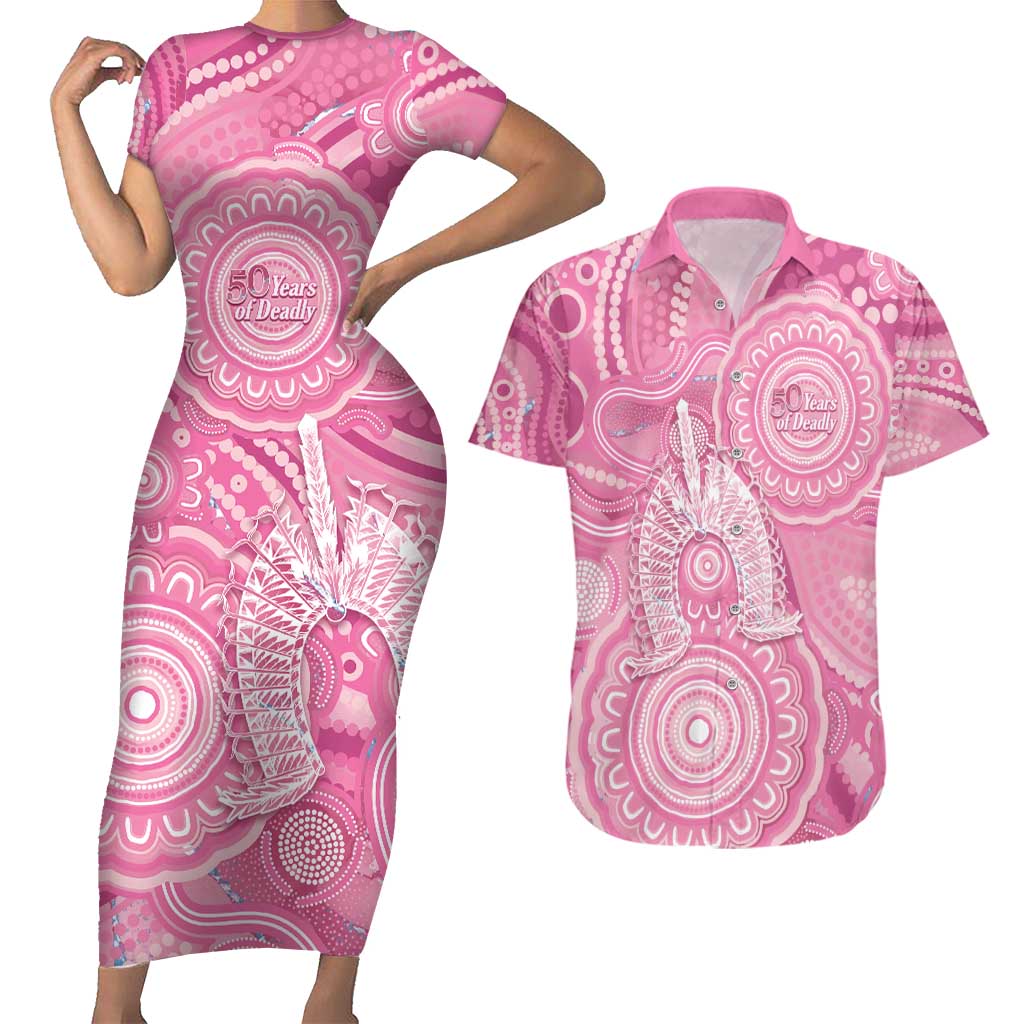 50 Years Deadly NAIDOC Week 2026 Personalised Couples Matching Short Sleeve Bodycon Dress and Hawaiian Shirt Dhari Pink Indigenous Art