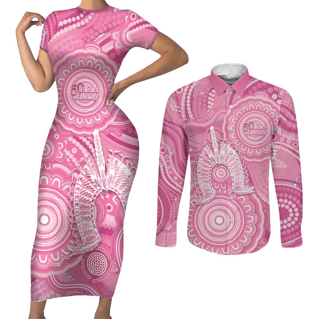 50 Years Deadly NAIDOC Week 2026 Personalised Couples Matching Short Sleeve Bodycon Dress and Long Sleeve Button Shirt Dhari Pink Indigenous Art
