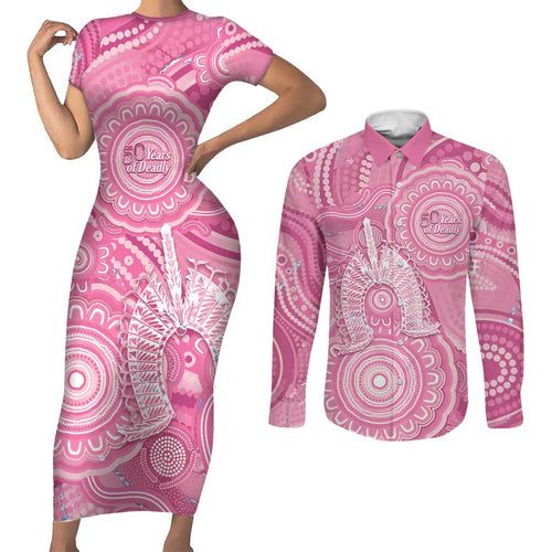 50 Years Deadly NAIDOC Week 2026 Personalised Couples Matching Short Sleeve Bodycon Dress and Long Sleeve Button Shirt Dhari Pink Indigenous Art