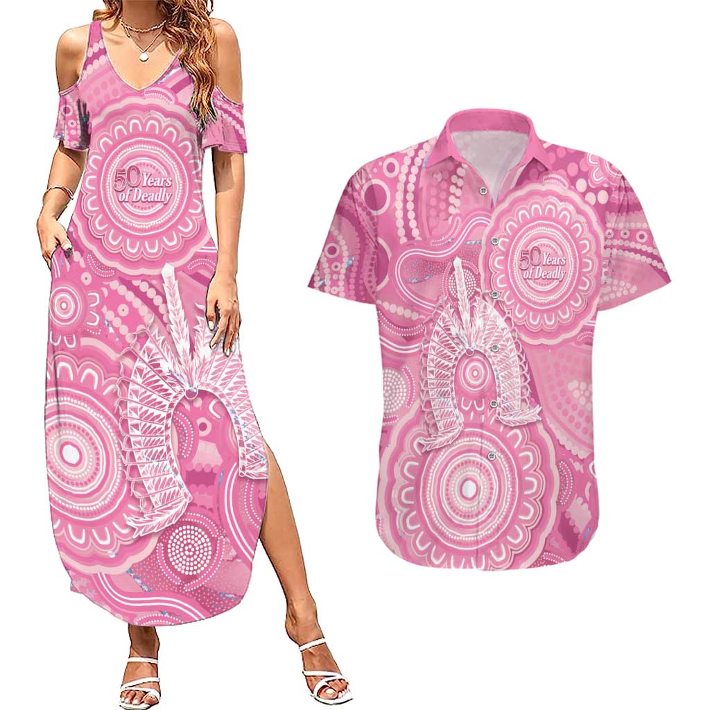50 Years Deadly NAIDOC Week 2026 Personalised Couples Matching Summer Maxi Dress and Hawaiian Shirt Dhari Pink Indigenous Art