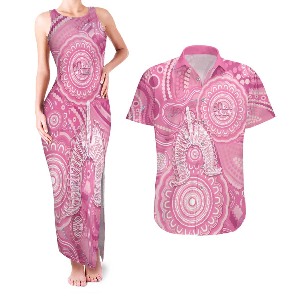 50 Years Deadly NAIDOC Week 2026 Personalised Couples Matching Tank Maxi Dress and Hawaiian Shirt Dhari Pink Indigenous Art