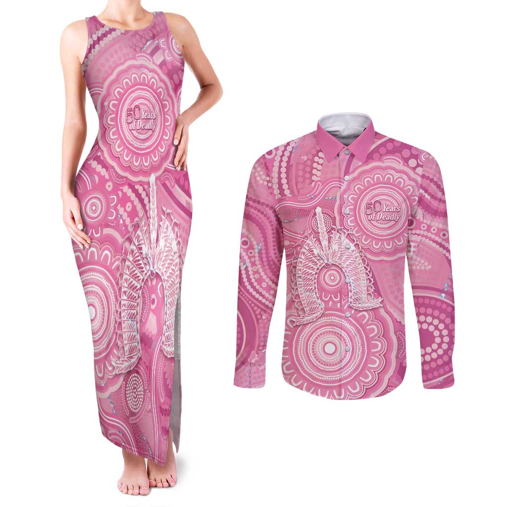 50 Years Deadly NAIDOC Week 2026 Personalised Couples Matching Tank Maxi Dress and Long Sleeve Button Shirt Dhari Pink Indigenous Art