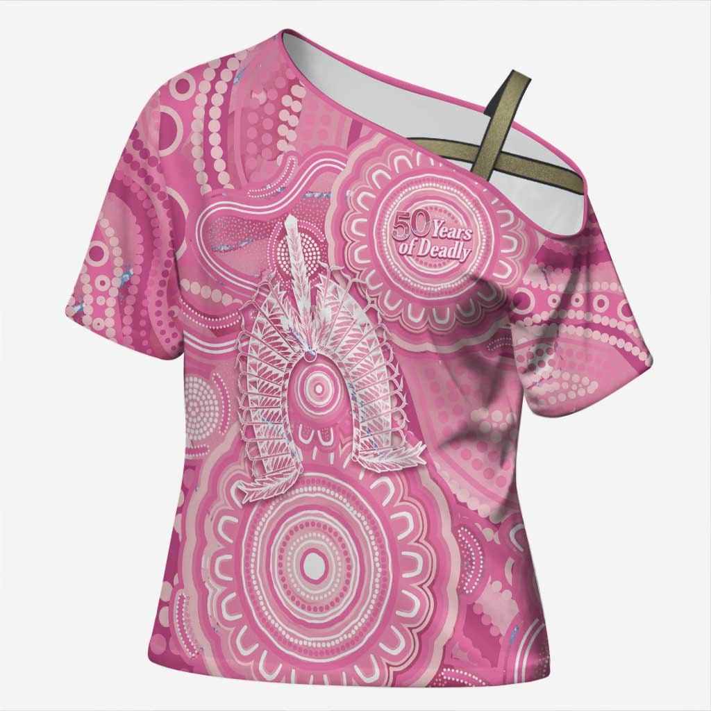50 Years Deadly NAIDOC Week 2026 Personalised Cross Shoulder Shirt Dhari Pink Indigenous Art