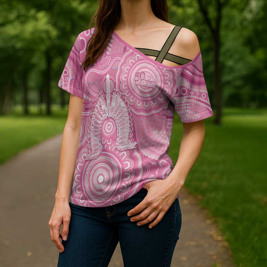 50 Years Deadly NAIDOC Week 2026 Personalised Cross Shoulder Shirt Dhari Pink Indigenous Art