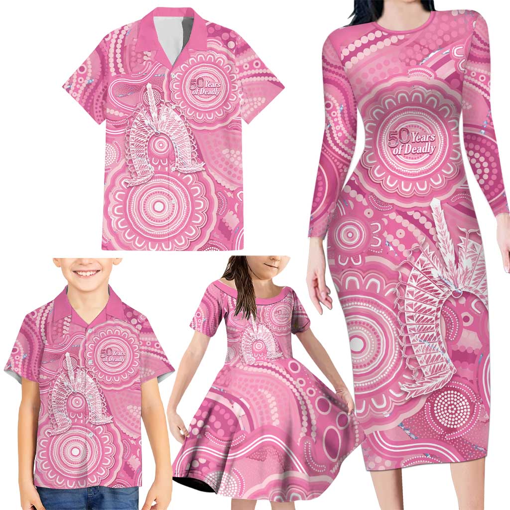 50 Years Deadly NAIDOC Week 2026 Personalised Family Matching Long Sleeve Bodycon Dress and Hawaiian Shirt Dhari Pink Indigenous Art