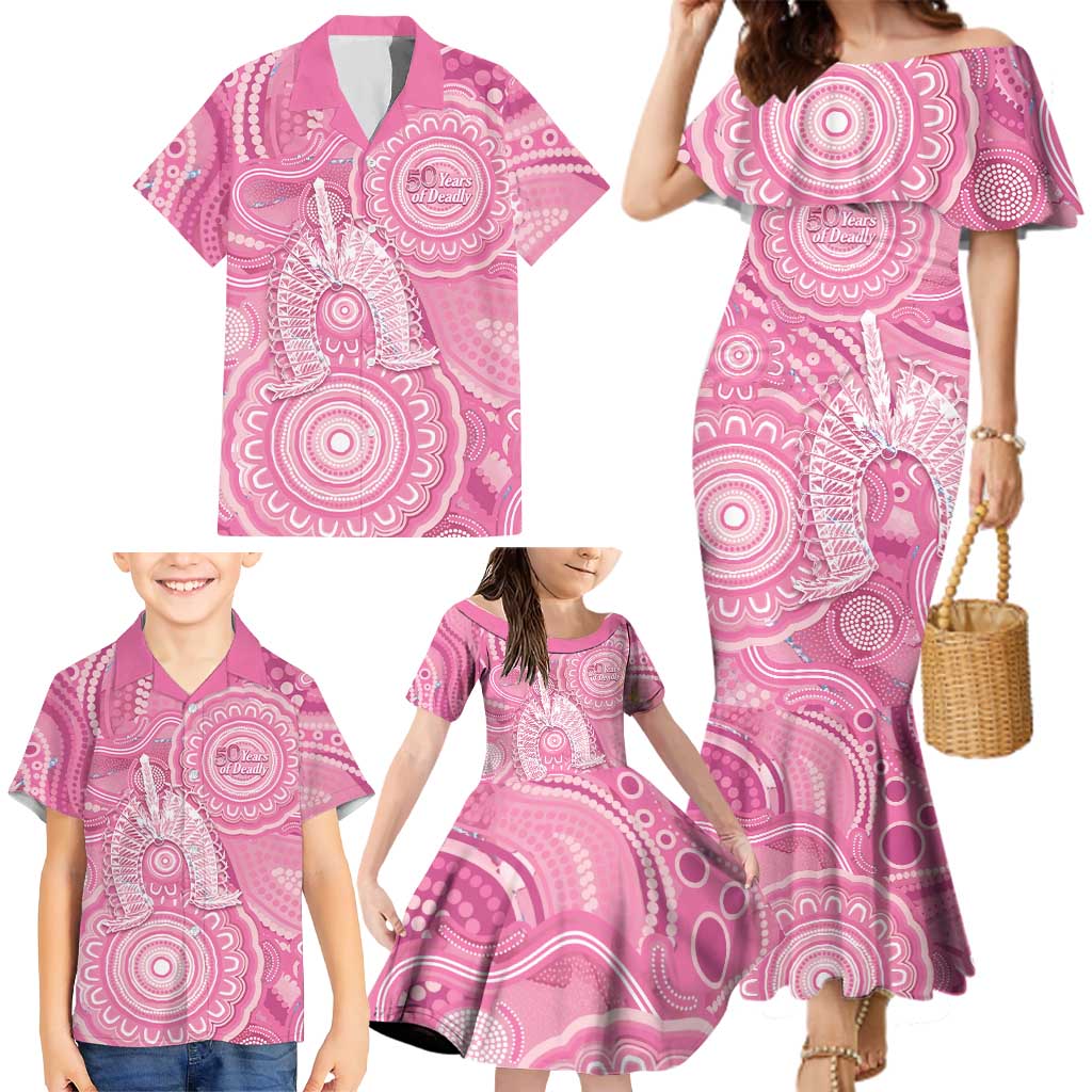 50 Years Deadly NAIDOC Week 2026 Personalised Family Matching Mermaid Dress and Hawaiian Shirt Dhari Pink Indigenous Art