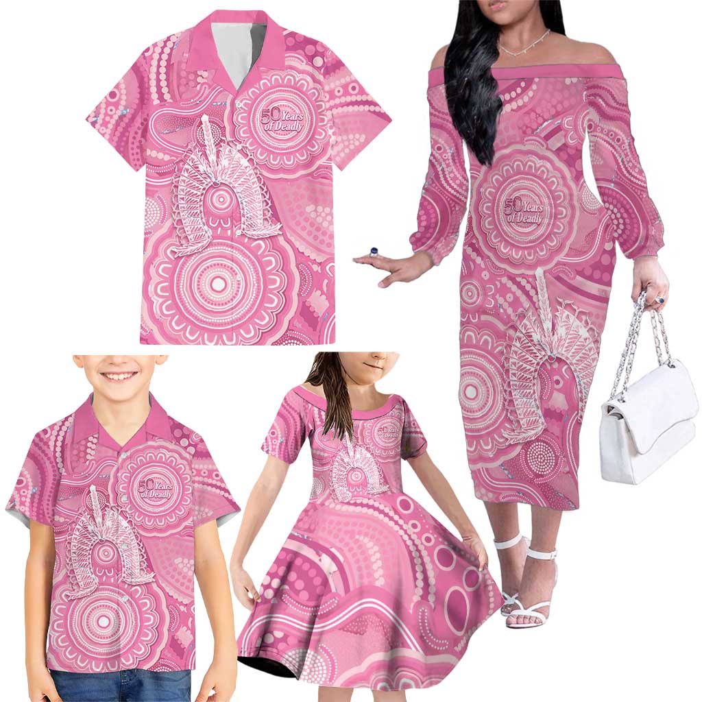 50 Years Deadly NAIDOC Week 2026 Personalised Family Matching Off The Shoulder Long Sleeve Dress and Hawaiian Shirt Dhari Pink Indigenous Art