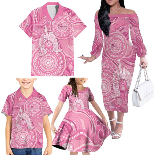 50 Years Deadly NAIDOC Week 2026 Personalised Family Matching Off The Shoulder Long Sleeve Dress and Hawaiian Shirt Dhari Pink Indigenous Art