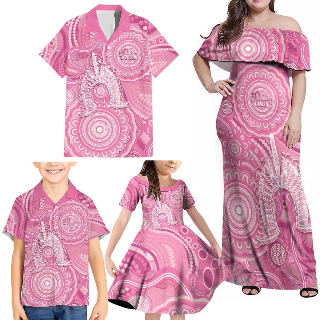50 Years Deadly NAIDOC Week 2026 Personalised Family Matching Off Shoulder Maxi Dress and Hawaiian Shirt Dhari Pink Indigenous Art