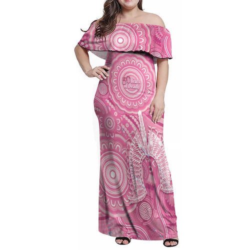 50 Years Deadly NAIDOC Week 2026 Personalised Family Matching Off Shoulder Maxi Dress and Hawaiian Shirt Dhari Pink Indigenous Art