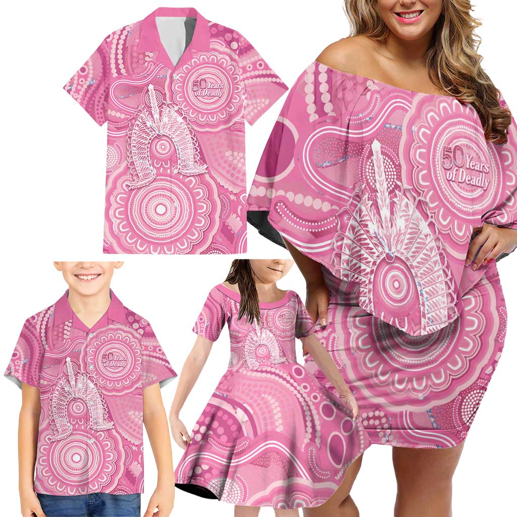 50 Years Deadly NAIDOC Week 2026 Personalised Family Matching Off Shoulder Short Dress and Hawaiian Shirt Dhari Pink Indigenous Art