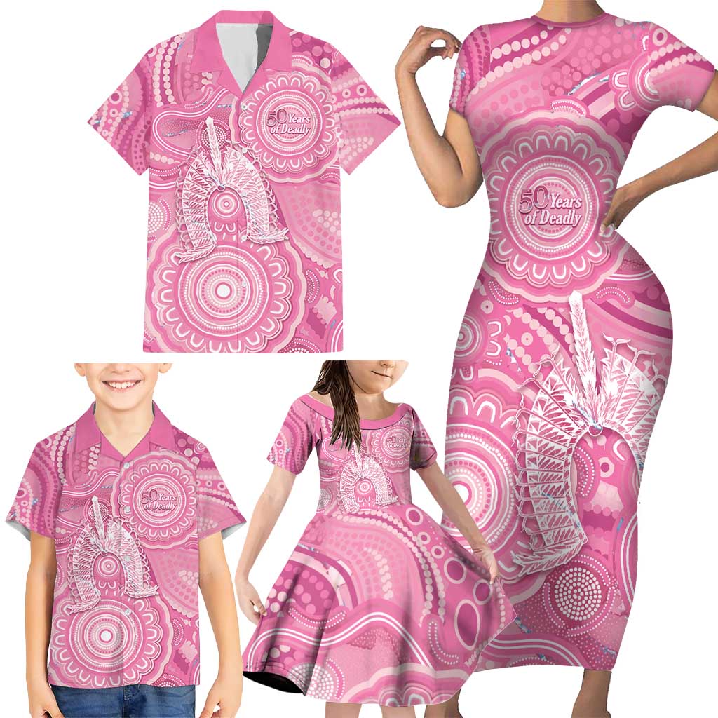 50 Years Deadly NAIDOC Week 2026 Personalised Family Matching Short Sleeve Bodycon Dress and Hawaiian Shirt Dhari Pink Indigenous Art