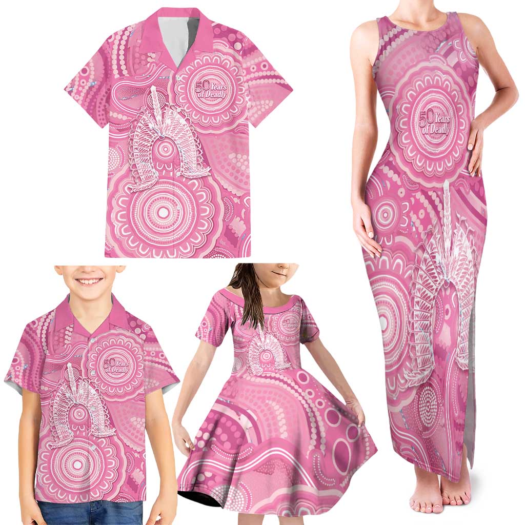 50 Years Deadly NAIDOC Week 2026 Personalised Family Matching Tank Maxi Dress and Hawaiian Shirt Dhari Pink Indigenous Art