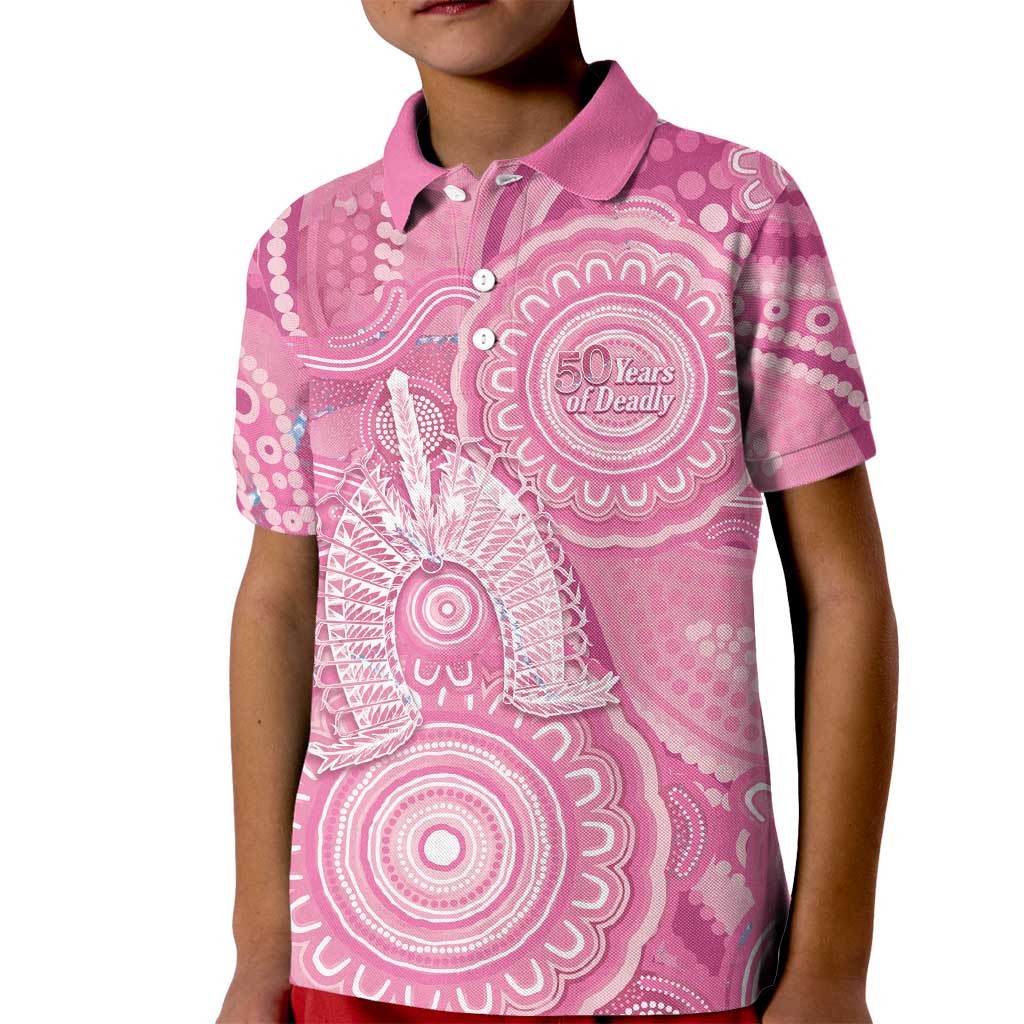 50 Years Deadly NAIDOC Week 2026 Personalised Kid Polo Shirt Dhari Pink Indigenous Art